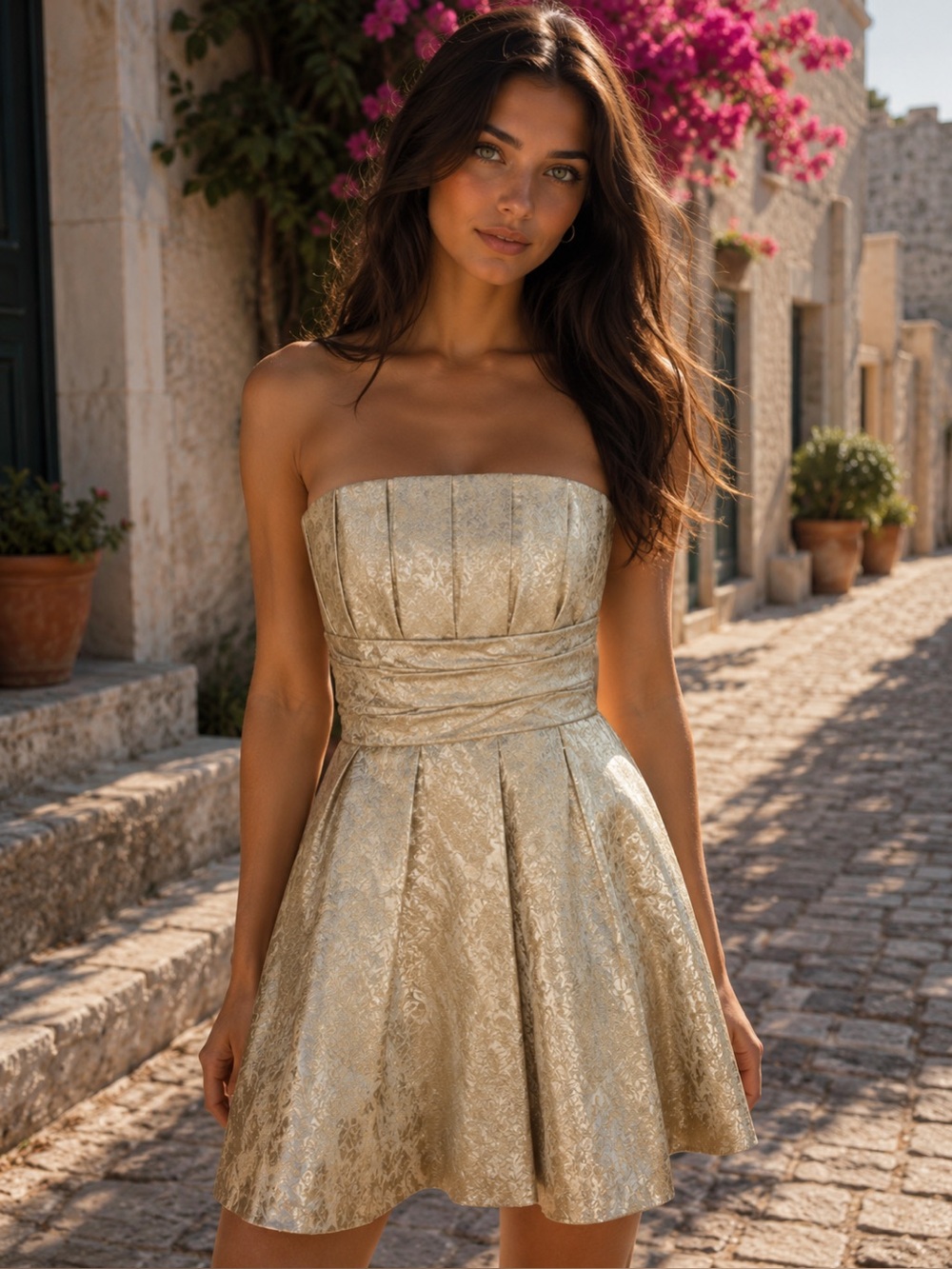 🟡Priscilla of Boston Metallic Gold Strapless Pleated Mini Dress
